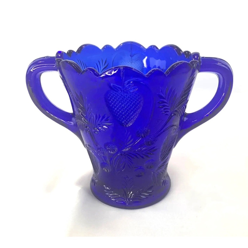Cobalt Blue Inverted Strawberry Cambridge Glass EAPG 2 Handled Celery Jar Vase